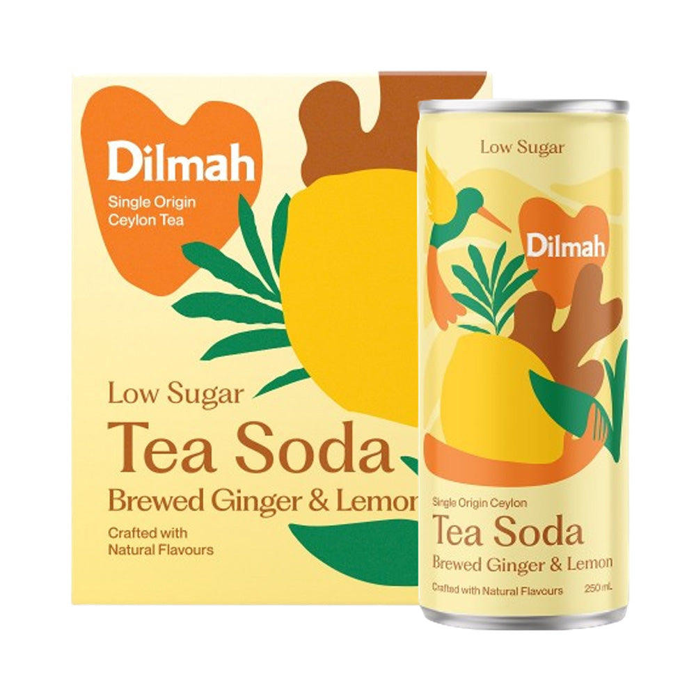 Low Sugar Brewed Ginger & Lemon Tea Soda Cans 4 x 250mL Dilmah New