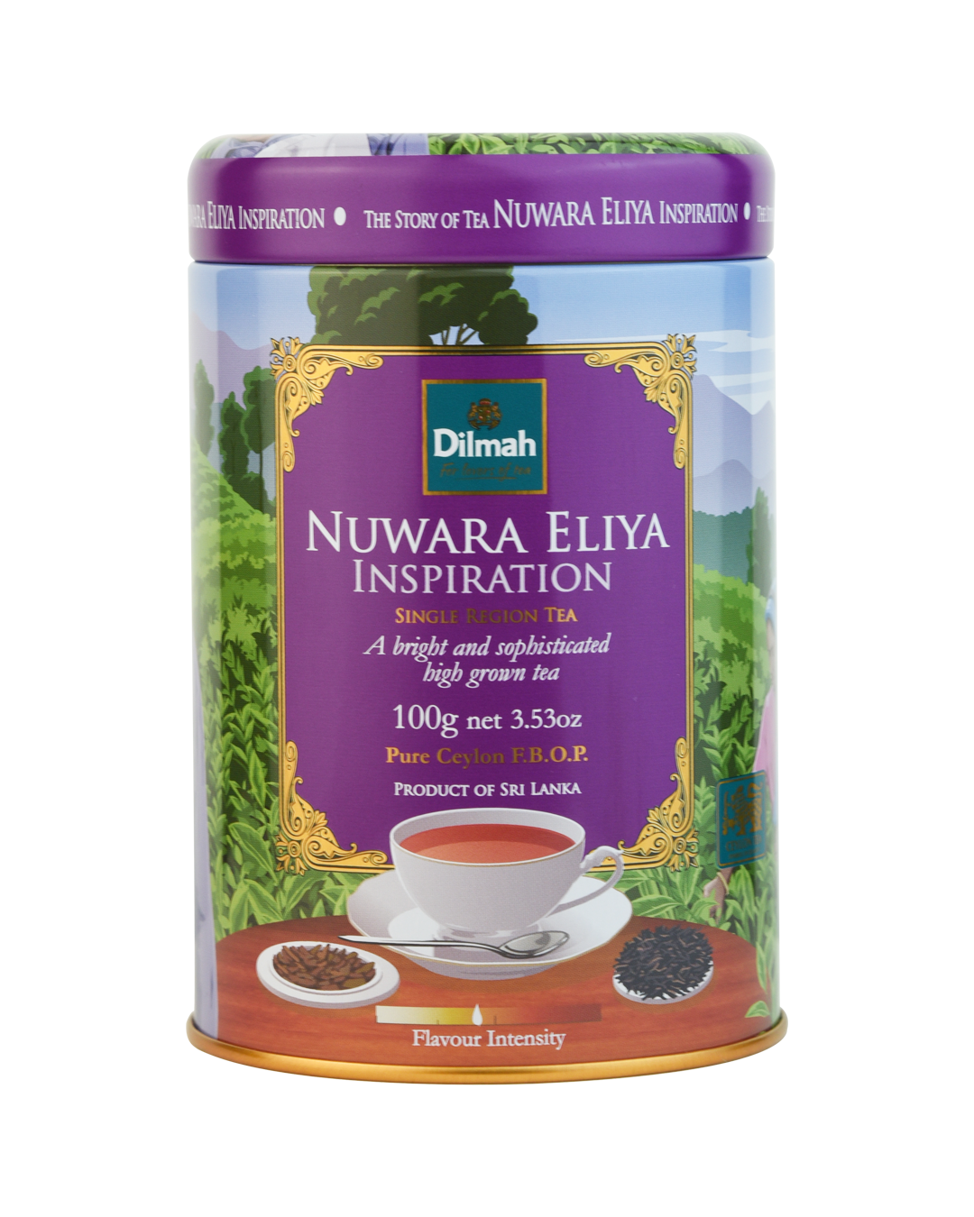 A cylindrical metal tin of Dilmah Nuwara Eliya Inspiration tea, featuring a purple label with gold ornamental borders, a scenic green landscape illustration, and a white teacup graphic on the front.